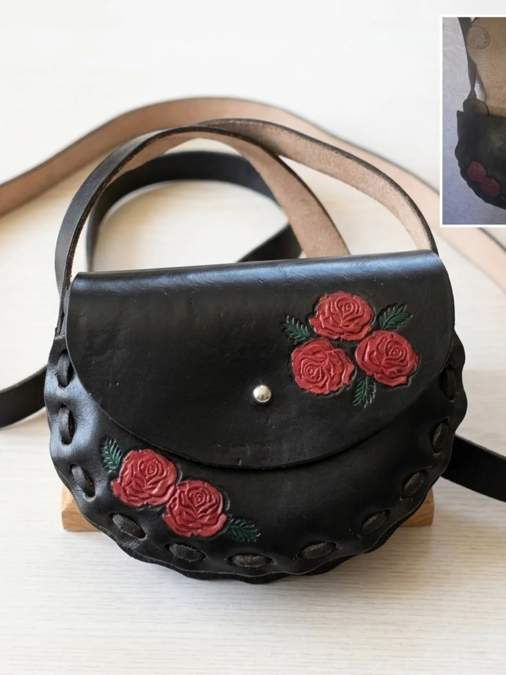 Vintage Hand Tooled Leather Rose Crossbody Bag Black Tooled Saddle Purse